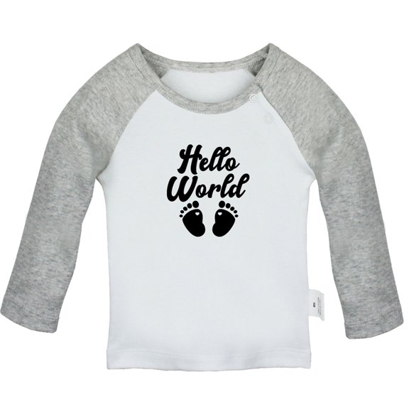 Hello World Funny T shirt For Baby, Newborn Babies T-shirts, Infant Tops, 0-24M Kids Graphic Tees Clothing (Long Gray Raglan T-shirt, 6-12 Months)