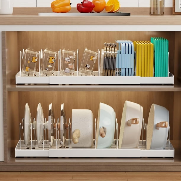 Organizador de Sartenes y Ollas Corredero Porta Sartenes de Cocina Acero inoxidable 9 Compartimentos Ajustables Estante Tapas de Ollas Cajon Gris 2 paquetes