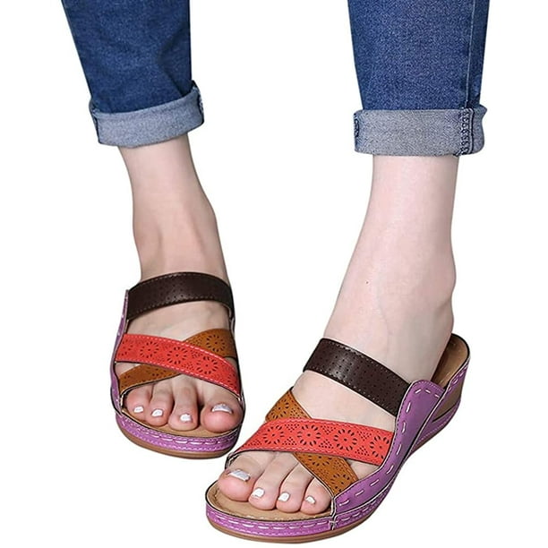 Fashion Women Orthopedic Open Toe Sandals Soft Leather Cross Strap Platform Ladies Sandal Comfy Vintage Anti Slip Breathable Wedges Flip Flop