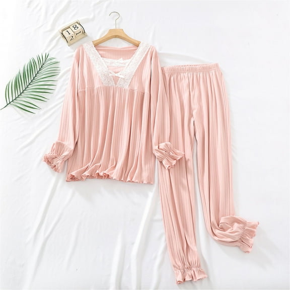 Wyongtao Pajamas for Women Soft Sleepwear Set Long Sleeve Comfy Pjs Lace Top Loose Fit Pj Pants Loungewear with Built in Padded Bra,Pink XL