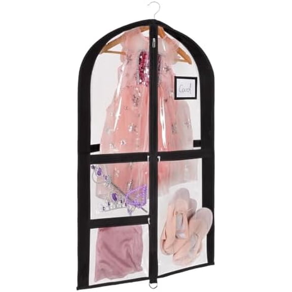 Clear PVC Dance Costume Bags, 35 Inch Garment Bag for Dance Competitions, with 3 Seperated Medium Clear Zipper Pockets and 1 Large Back Zippered Pocket (Black)