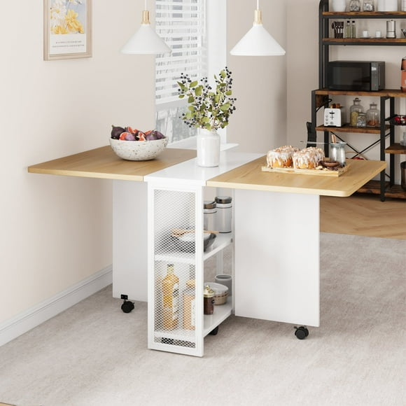 Cherish Folding Drop Leaf Dining Table with 6 Wheels and 2-Layer Storage Shelf – Space-Saving Table for Small Spaces