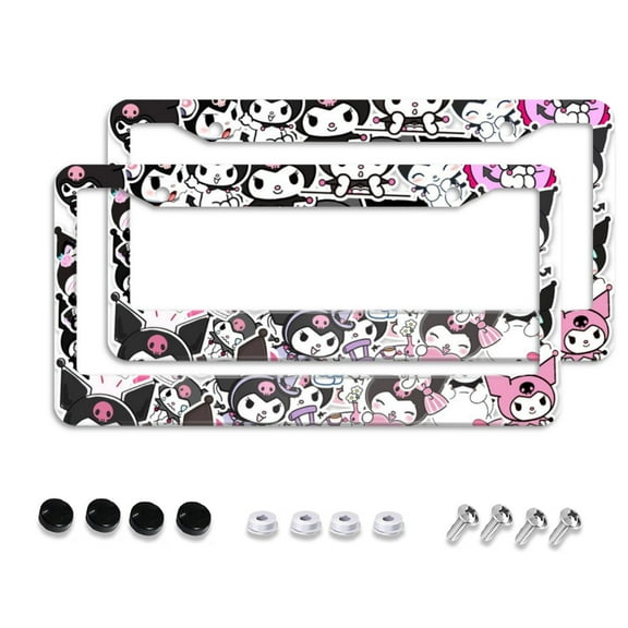 Sanrio Kuromi Cartoon Car License Plate Frame 2 Pack, License Plate Cover Bracket Decorative Aluminum License Plate Frame Auto Accessories Unisex 11.8 X 5.9 Inch 2 Holes with Screws