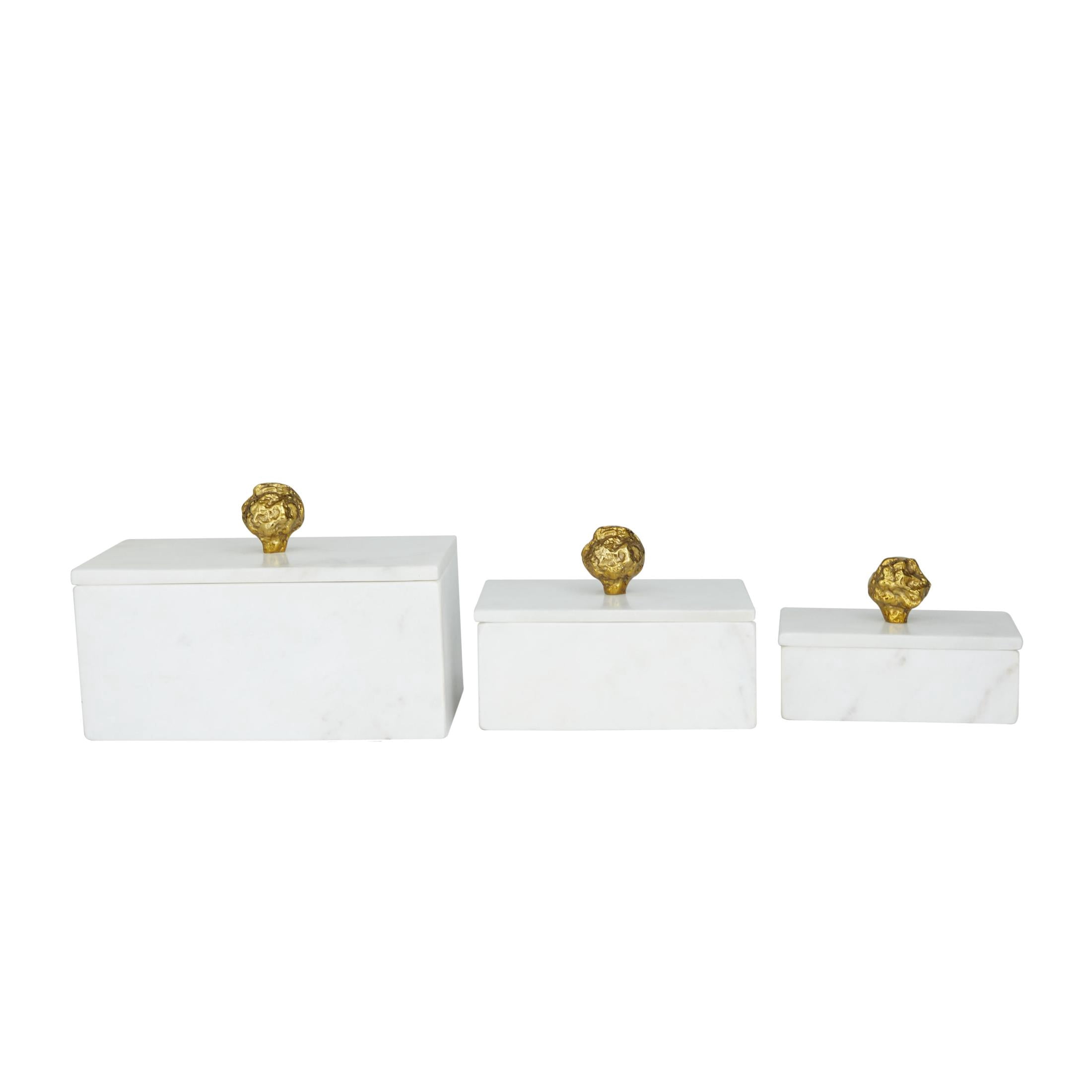 DecMode White Marble Decorative Box with Gold Finial, 3 Count
