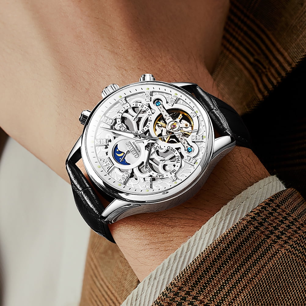OLEVS Automatic Watches for Men Self Winding Mechanical Chronograph Skeleton Flywheel Luxury Dress Black Brown Leather Diamond Moon Phase Waterproof Luminous Mens Wrist Watches Reloj Para Hombre