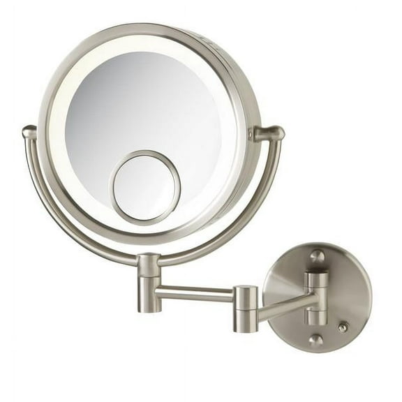 Jerdon 8.5 inch Round Wall Mount Lighted Mirror, 7X-1X Magnification w/15X Spot, Nickel Finish-Model HL8515N