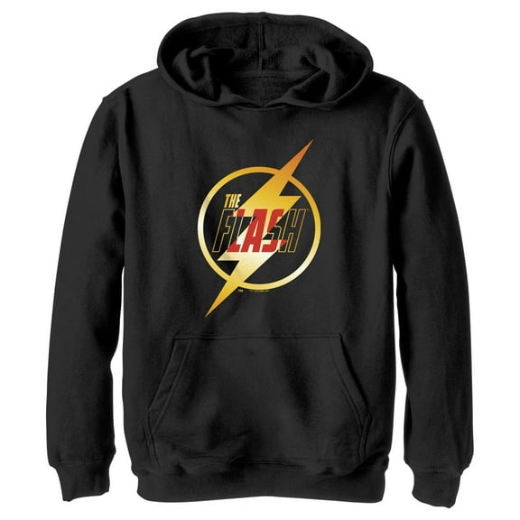 Boy's The Flash Gold Lightning Emblem Pull Over Hoodie Black Medium