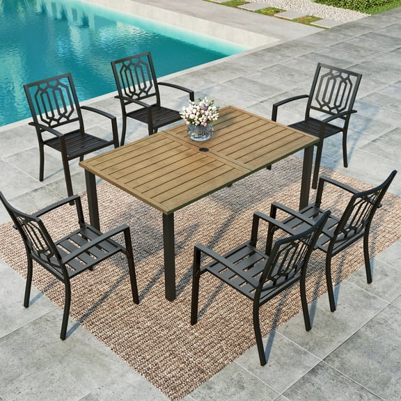 MF Studio 7-Piece Outdoor Patio Dining Set with Stacking Chairs & Wood-Grain Topped Table for 6-Person, Black