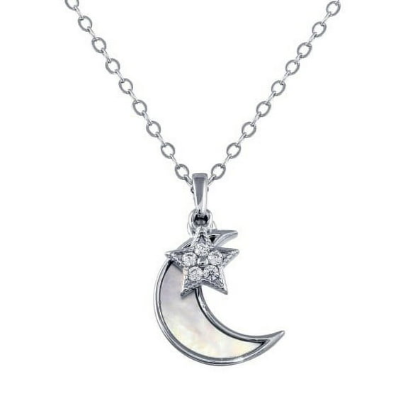 .925 Sterling Silver CZ Synthetic Mother of Pearl Star & Crescent Moon Necklace