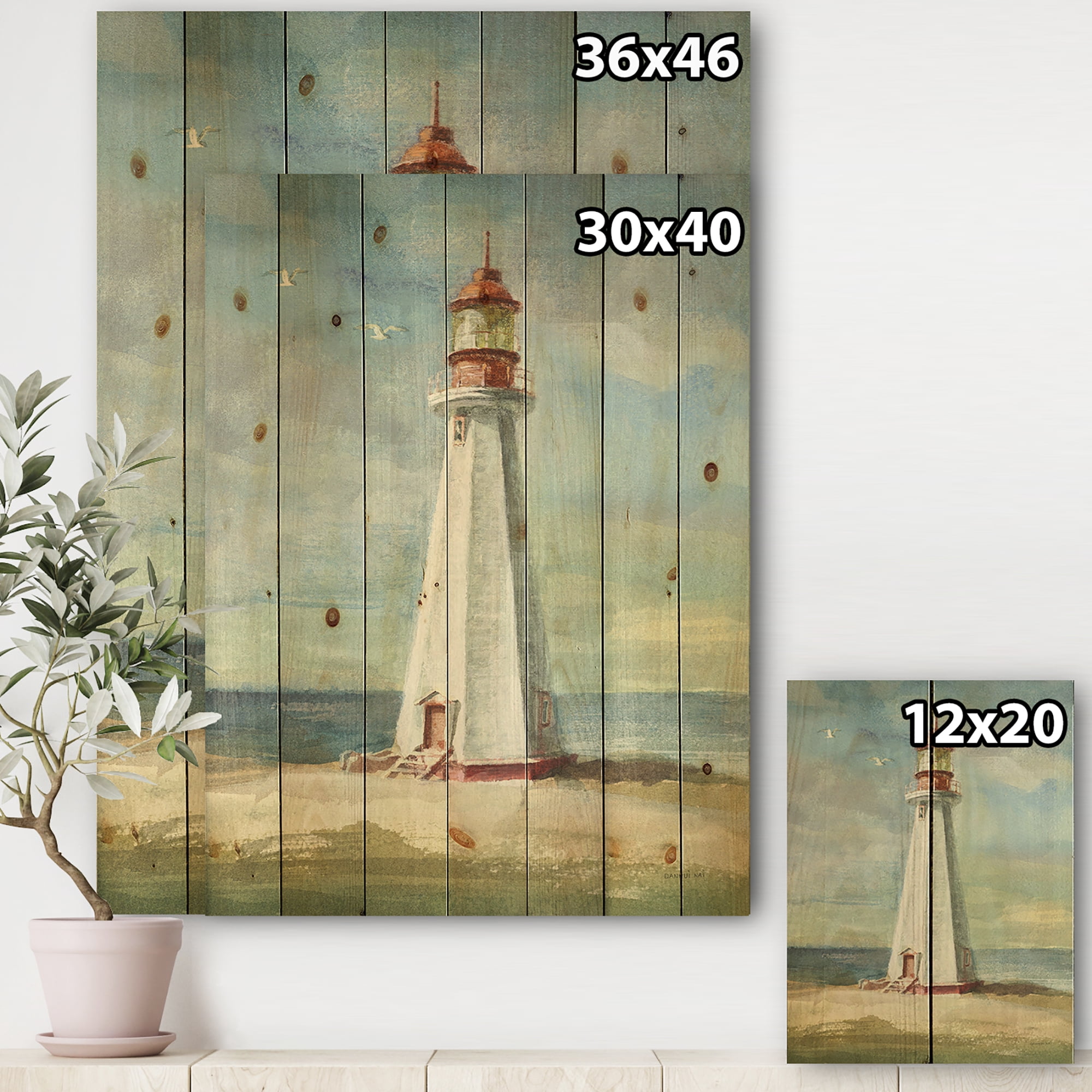 Designart Nautical Lighthouse III & Beach Print on Natural Pine Wood Art Print, 12" x 20"