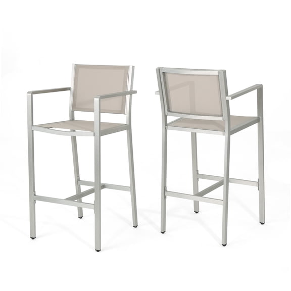 Tammy Coral Outdoor 29.50 Inch Barstools with Rust-Proof Aluminum Frame, Set of 2, Grey Mesh and Silver