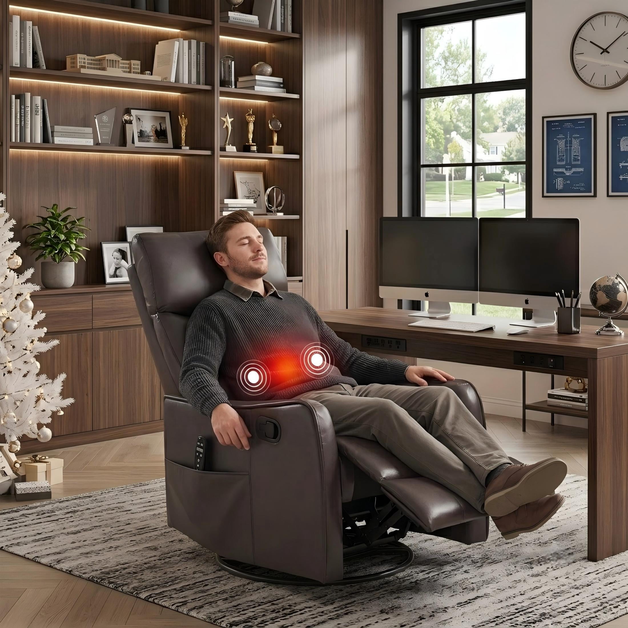 Aukfa Massage Recliner Chair with Heat, Faux Leather 360° Swivel Rocker Recliner, Overstuffed Manual Reclining Glider Chair with Vibration, Espresso