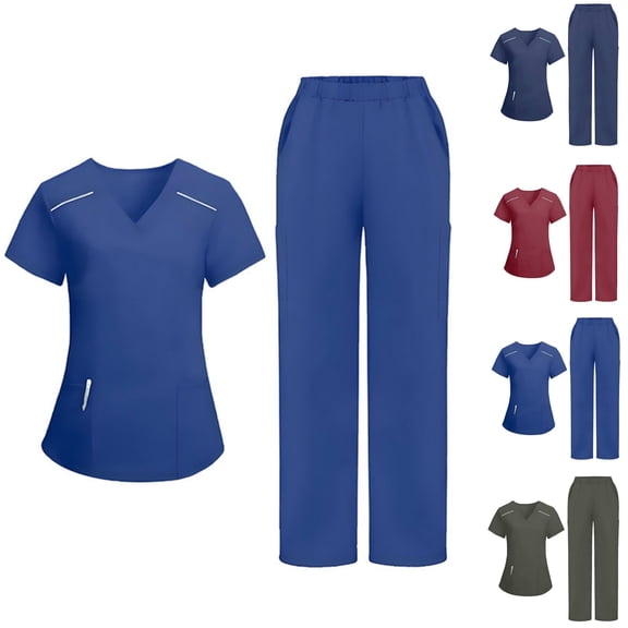 Scrubs for Women Set V-Neck Scrub Uniform Tops Classic Medical Workwear with Elastic Waist Straight-leg Jogger Pants