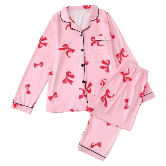 Valentine's Day Pajamas for Women Bow Print Long Sleeve Top and Full Length Pants Satin Sleepwear Pink L