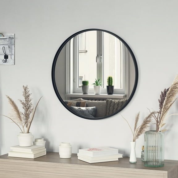 Emma Oliver 27.5" Round Wall Mirror with Black Metal Frame, Silver Backing for Clarity and Shatterproof Glass for Entryways, Bathrooms & More