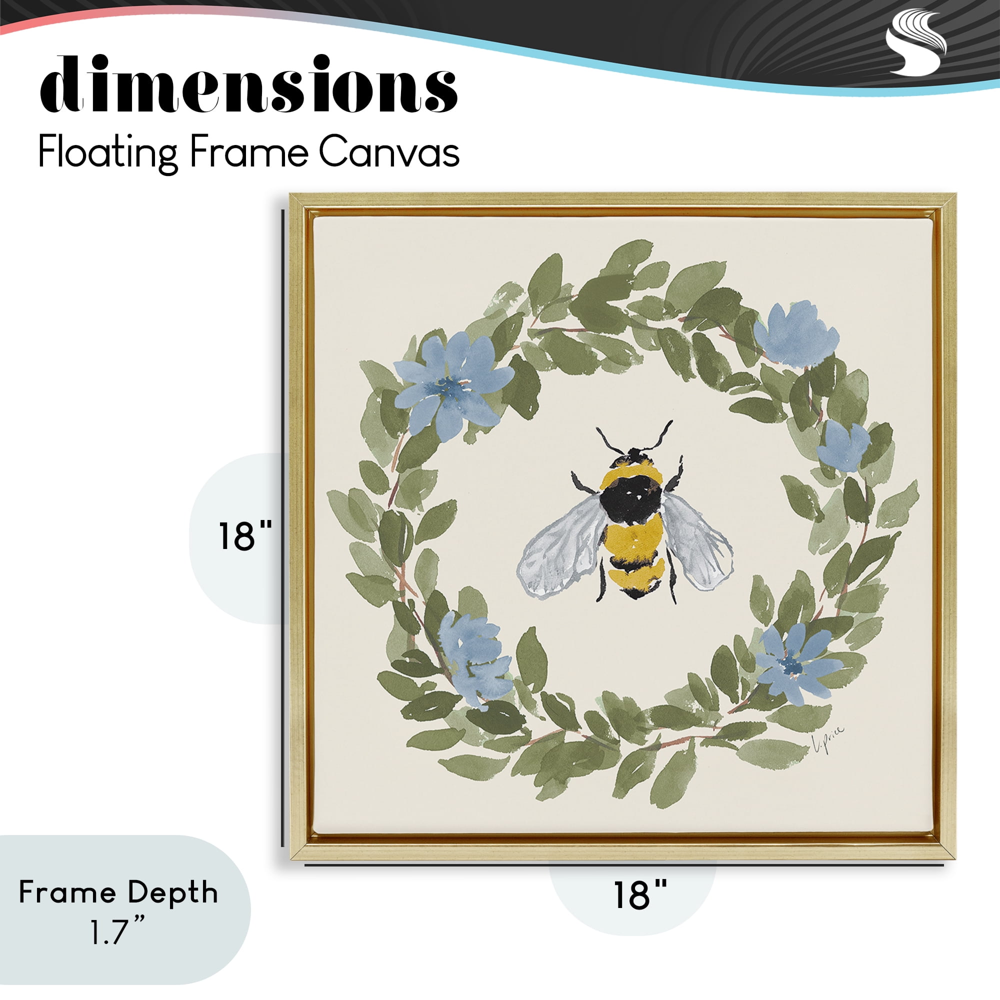 Stupell Industries Floral Wreath Bee Celebration Gold Framed Floater Canvas Wall Art, design by Lucille Price