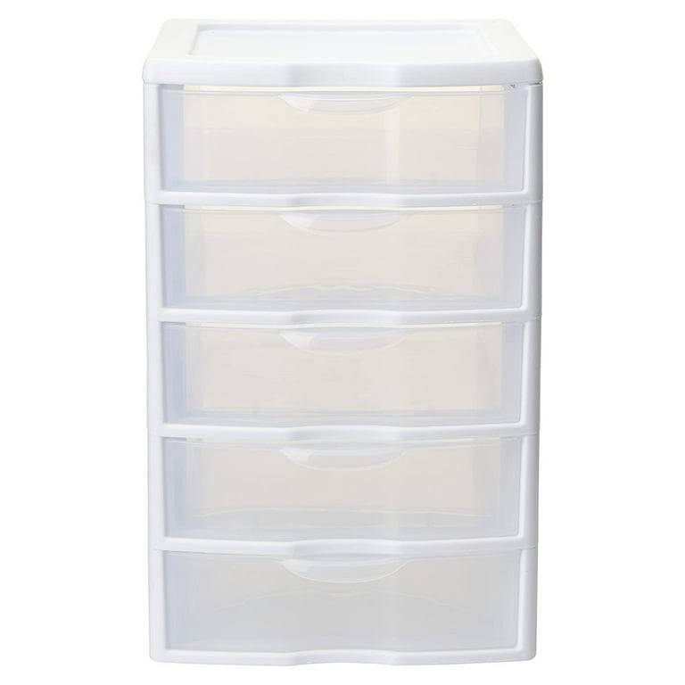 DEAYOU 5 Drawer Desktop Storage Bin Unit, Small Plastic Organizer, White  Frame with Clear Drawer, Mini Container Case for Desk, Storing Craft