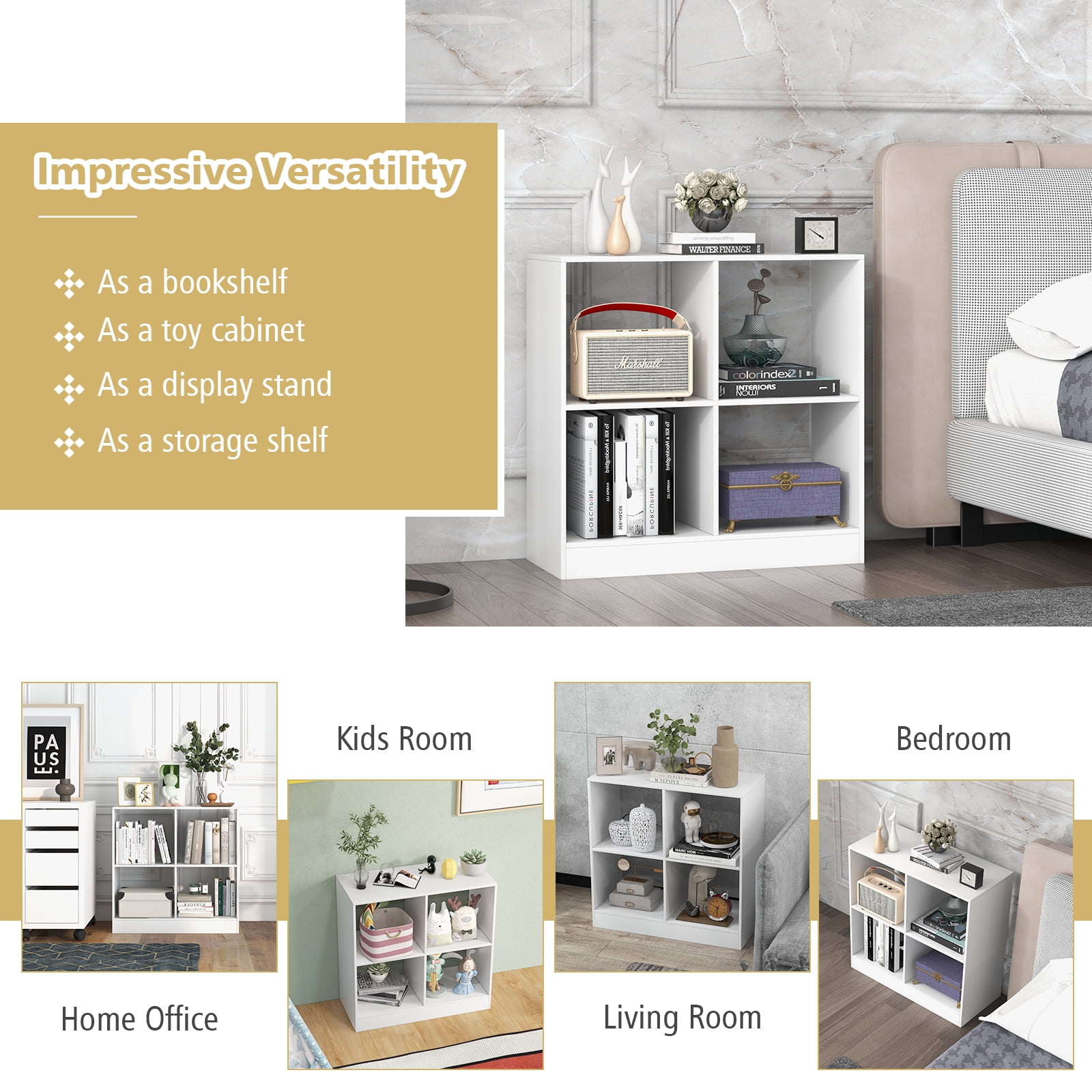Topbuy 4-Cube Bookcase Floor Open Wooden Bookshelf with 2 Anti-Tipping Kits Modern Shelving Organizer Multipurpose Storage Cabinet White