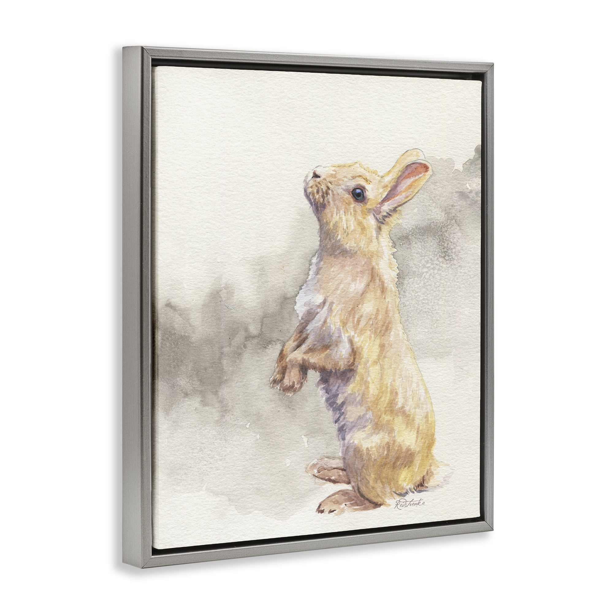 Stupell Industries Standing Bunny Watercolor Animals Painting Gray Floater Framed Canvas Art Print Wall Art, 17 x 21