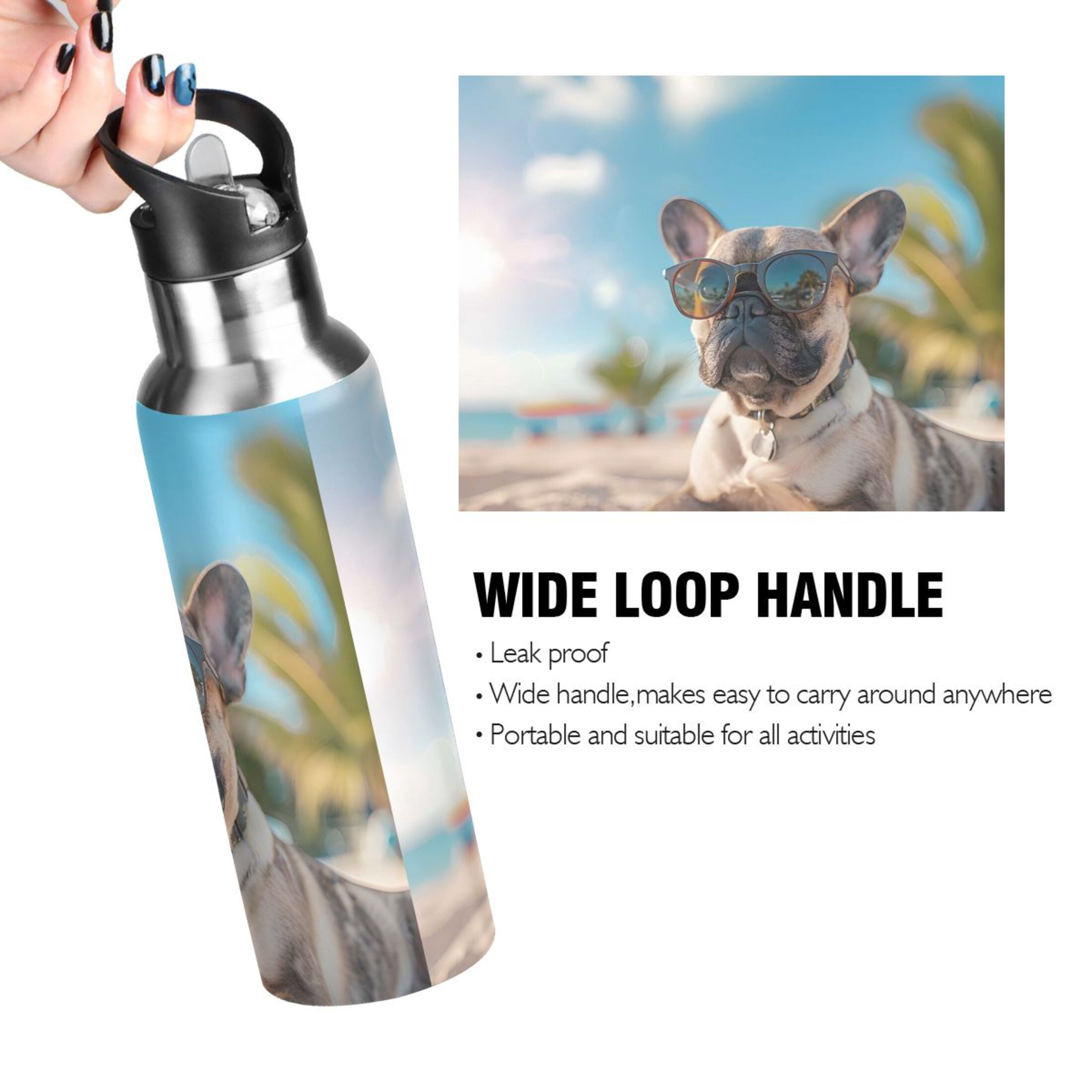 French Bulldog with Glasses Beach Sports Bottle with Straw Stainless Steel Water Jug Portable Thermal Cup Leak-proof 600ML