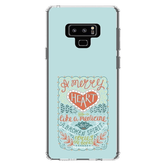 DistinctInk Clear Shockproof Hybrid Case for Samsung Galaxy Note 9 - TPU Bumper, Acrylic Back, Tempered Glass Screen Protector - Proverbs 17:22 - A Merry Heart Does Good
