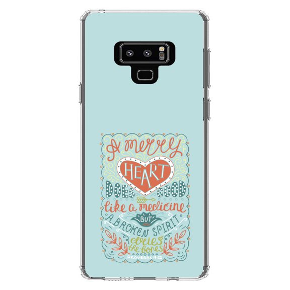 DistinctInk Clear Shockproof Hybrid Case for Samsung Galaxy Note 9 - TPU Bumper, Acrylic Back, Tempered Glass Screen Protector - Proverbs 17:22 - A Merry Heart Does Good