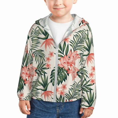 

Sun Hoodie for Kids Lilies Flowers Pine Green Leaves Long Sleeve Swim Fishing Shirts Sun Protection Zip Up Jacket Clothing Athletic Hoodie