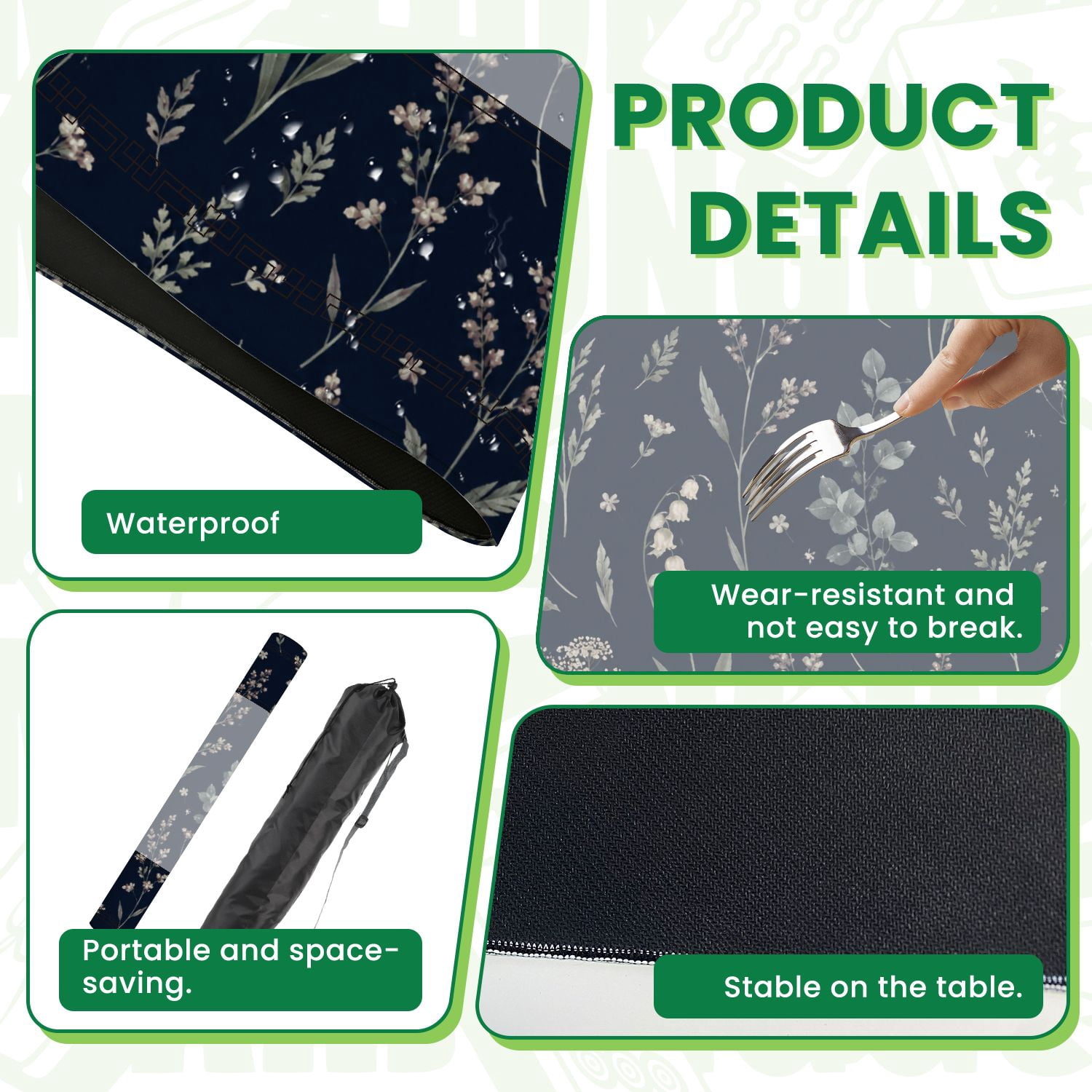 Mahjong Mat 31.5" x 31.5" Elegant Botanical Delicate Flowers Dark Non-Slip Noise Reduction American Mahjong Tiles Table Cover for Dominoes Poker Card Board Games Gift