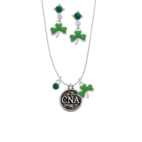 Delight Jewelry Silvertone Nurse Caduceus Seal - CNA Green Shamrock Necklace and Clover Earrings Jewelry Set