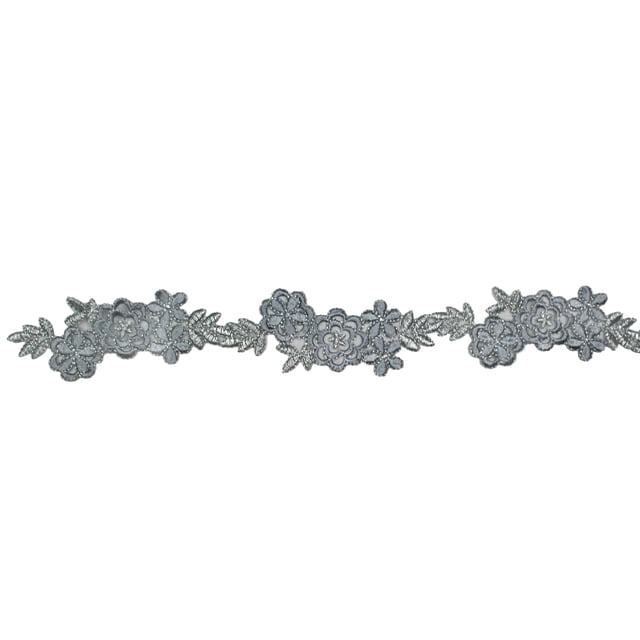 1.75" Embroidered Floral Gray with Silver Metallic by Yard (1.75 Gray)
