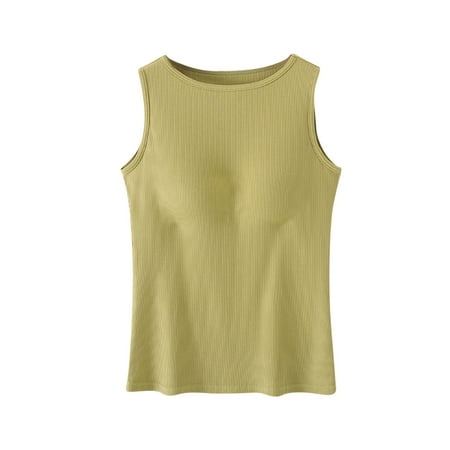 Deals Self Bra Sleeveless Shirts for Women Scooped Neck Tank Tops Plain Basic Camisole Loungewear Invisible Wireless Bras Padded Push Up Sports Underwear Build In Bra