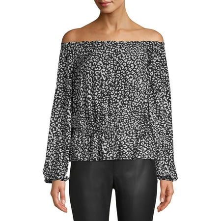 Scoop Off-the-Shoulder Ruffle Trim Printed Knit Top