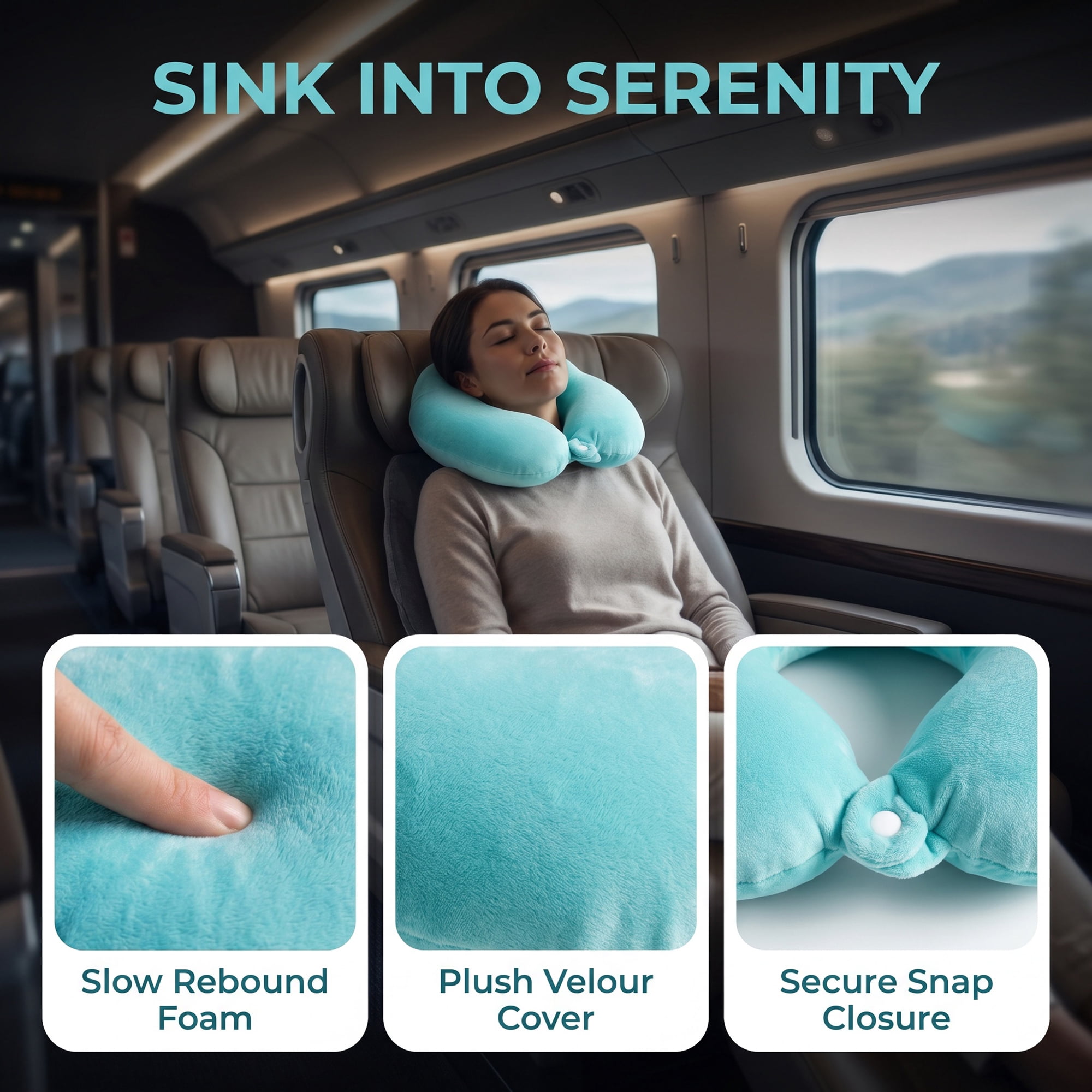 Unique Bargains Memory Foam U Shape Travel Neck Pillow Snap Closure Lake blue 12"x11"x5"
