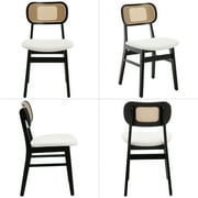 Guyou Rattan Dining Chairs Set of 2, Farmhouse Black Wooden Dining Side Chairs, Mid Century Modern Linen Upholstered Kitchen Chairs with Cane Back for Dining Room Kitchen Living Room, Beige