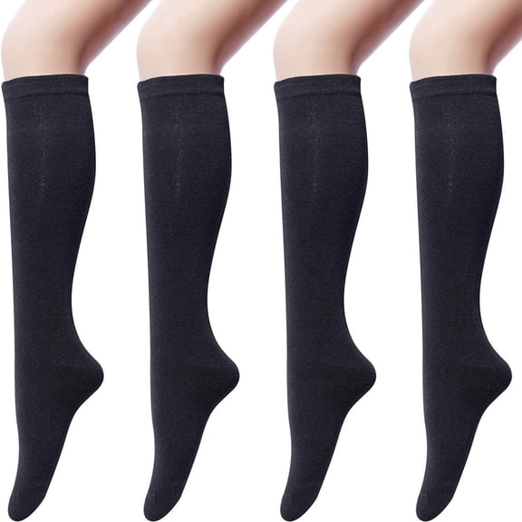 Cara Lady 4 Pairs Women's Cotton Knee High Socks, Casual Solid Knit Knee Socks (black) Black