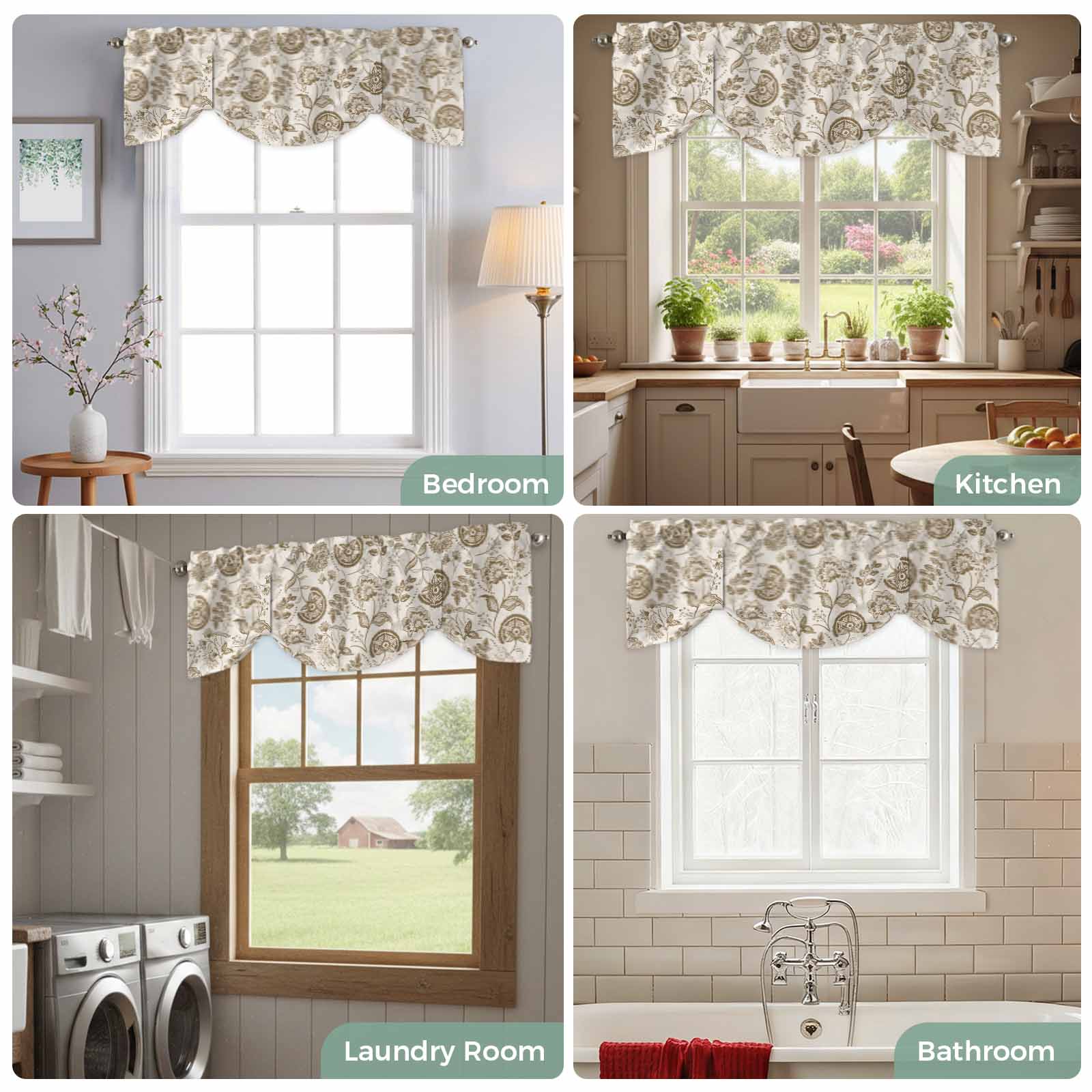 Farmhouse Brown Floral Tie Up Valances Curtain, Linen Boho Flower Rustic Country Adjustable Rod Pocket Short Window Treatment Tie Up Curtains Valances for Kitchen Living Room Bathroom 54x18 Inches
