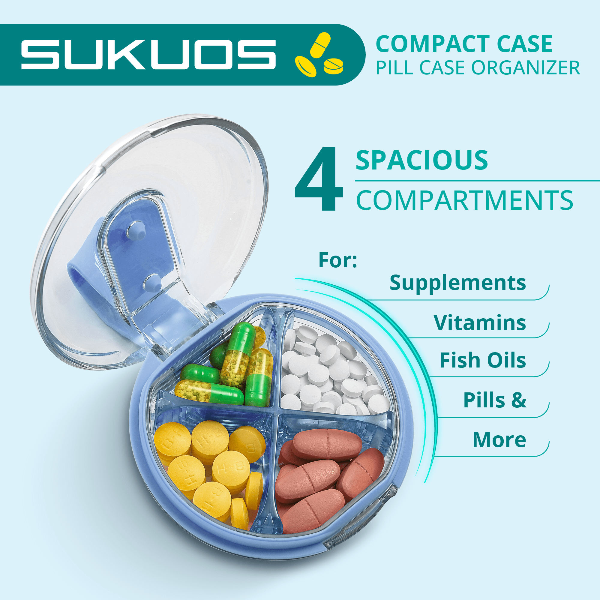 Sukuos Daily Use Portable Pill Organizer with 4 Compartments, Travel Pill Box & Vitamin Container, 1 pack, 4 Random Colors