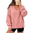 thumbnail image 2 of thefmos Women's Deep V Neck Long Sleeve Sweatshirt Side Slit Plus Size Solid Color Casual Fashion Pullover Fall Winter Clothes, Pink M, 2 of 6