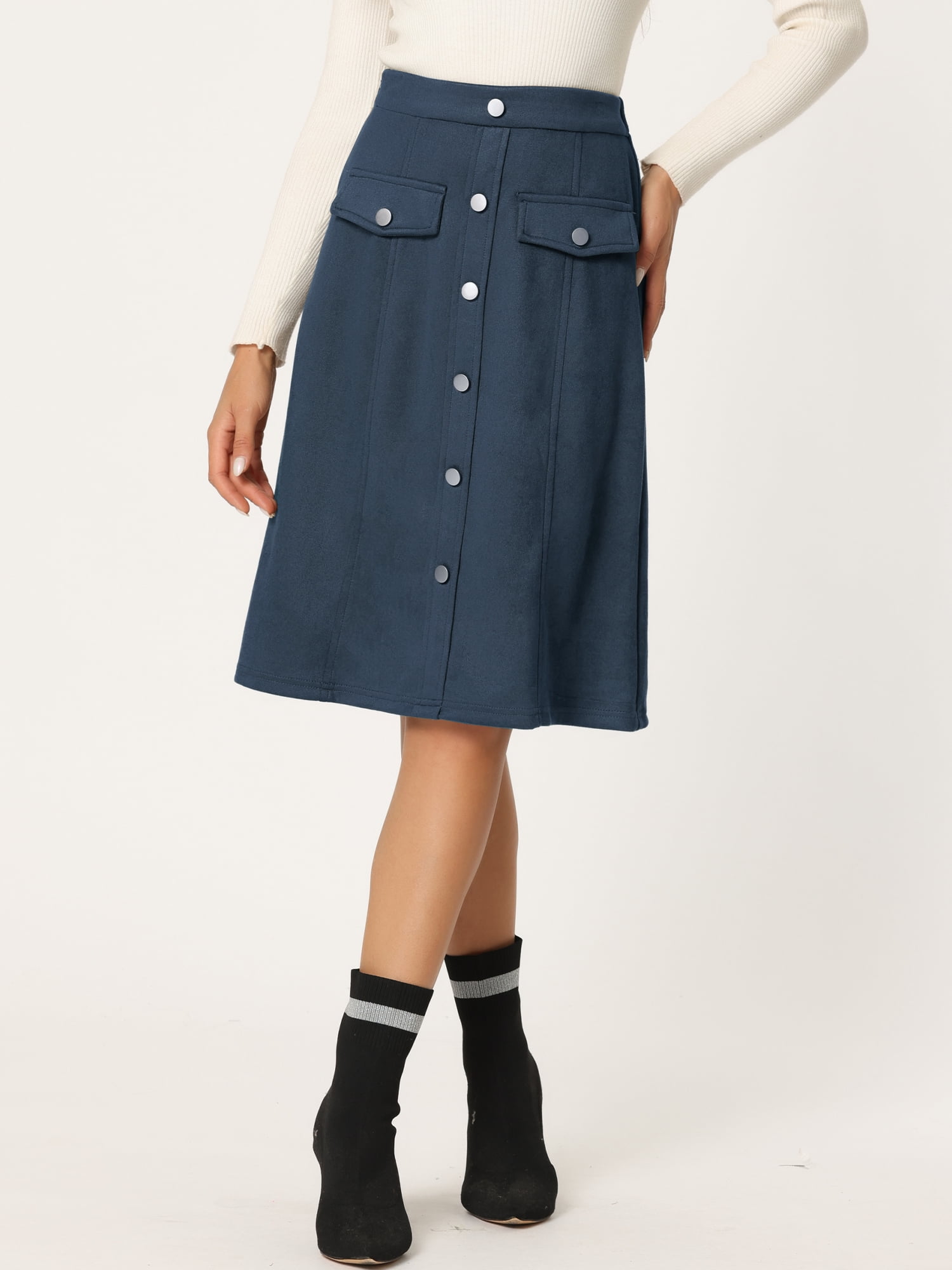 Unique Bargains Women's Suede Button Front Pockets Decor A-Line Skirts L Dark Blue