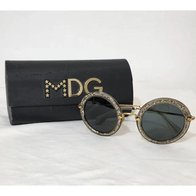 MIU MIU round sparkley black&gold metal frame sunglasses women pre-owned