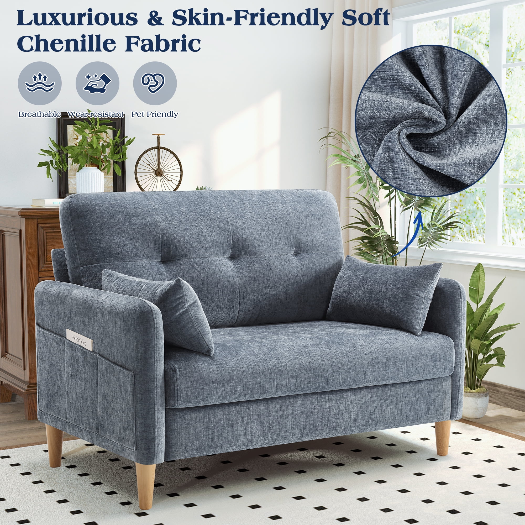 BedLuxury 47'' Wide LoveSeat, 2-seat Chenille sofa with 2 Pillows for Living Room and Small Spaces, Blue