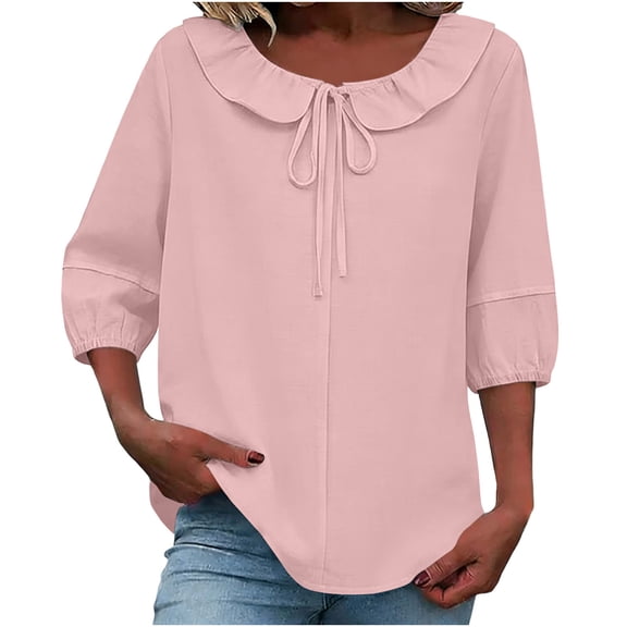 cocolona Womens Summer Tops Ruffle Drawstring Crew Neck 3/4 Sleeve Shirts Fashion Casual Loose Tunic Blouses
