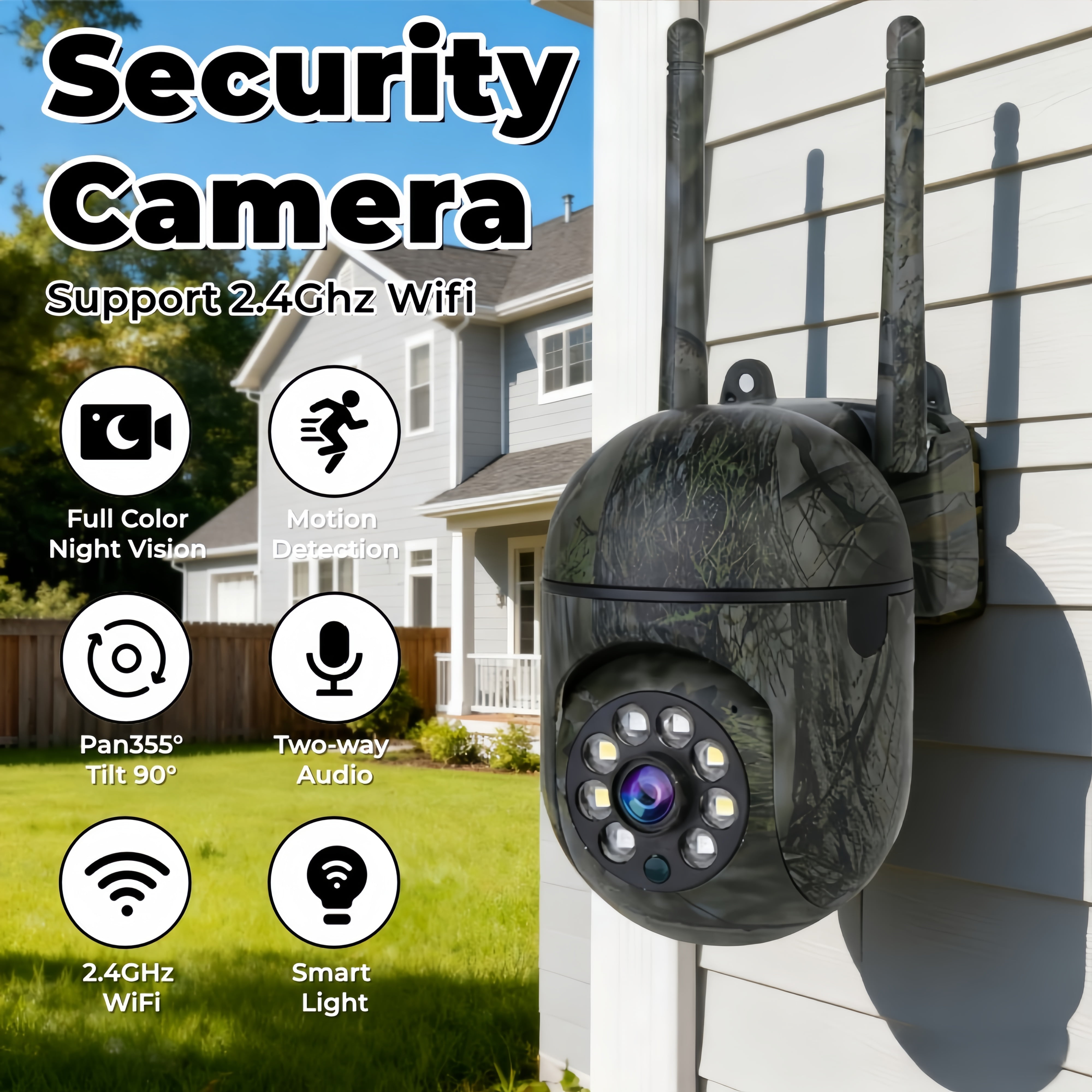 Outdoor Camouflage PTZ Security Camera, 1080P Full-Color Night Vision, Dual Antenna 2.4G WiFi, Motion Detection, Two-Way Audio, Waterproof Surveillance Camera.