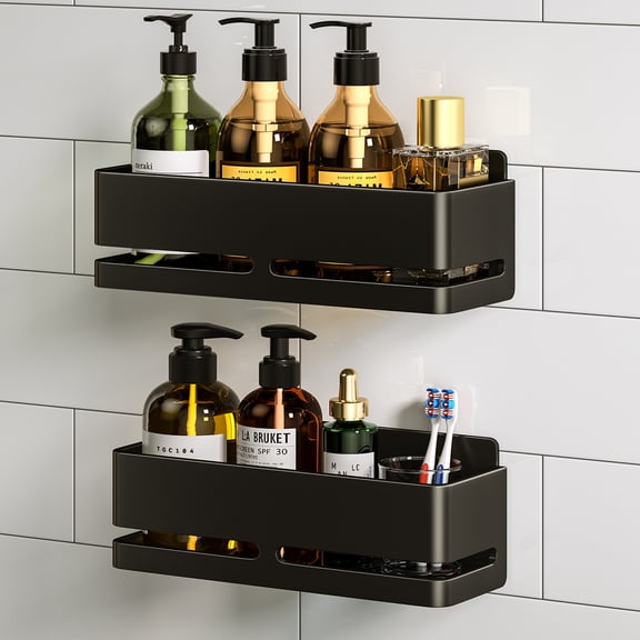 YESENT Shower Shelf, 2-Pack, Bathroom Storage Shelf, Large Capacity No-Drill Bathroom Organizer, Black Metal Storage Basket, Adhesive Installation