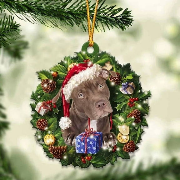 Acrylic 2D FLAT - Pitbull and Christmas Wreath Ornament gift for Pitbull lover ornament - Holiday Tree Decoration