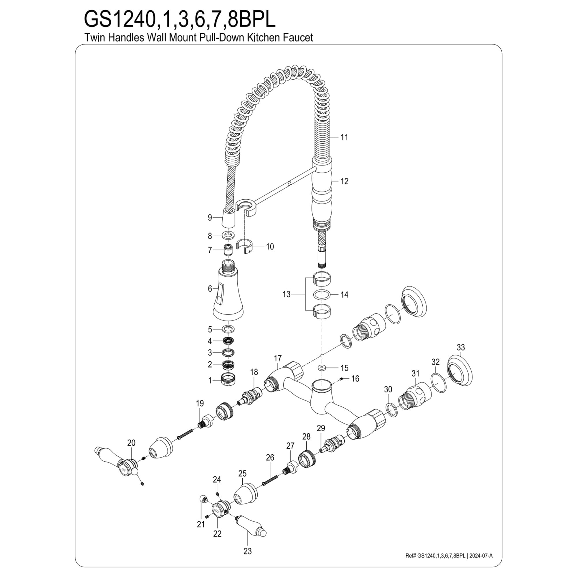 Kingston Brass GS1243BPL Bel-Air Double-Handle 2-Hole Wall-Mount Pre-Rinse Bridge Kitchen Faucet in Antique Brass