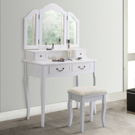 - Gymax Vanity Set Makeup Table Dresser Tri Folding Mirror 4 Drawers with Stool White