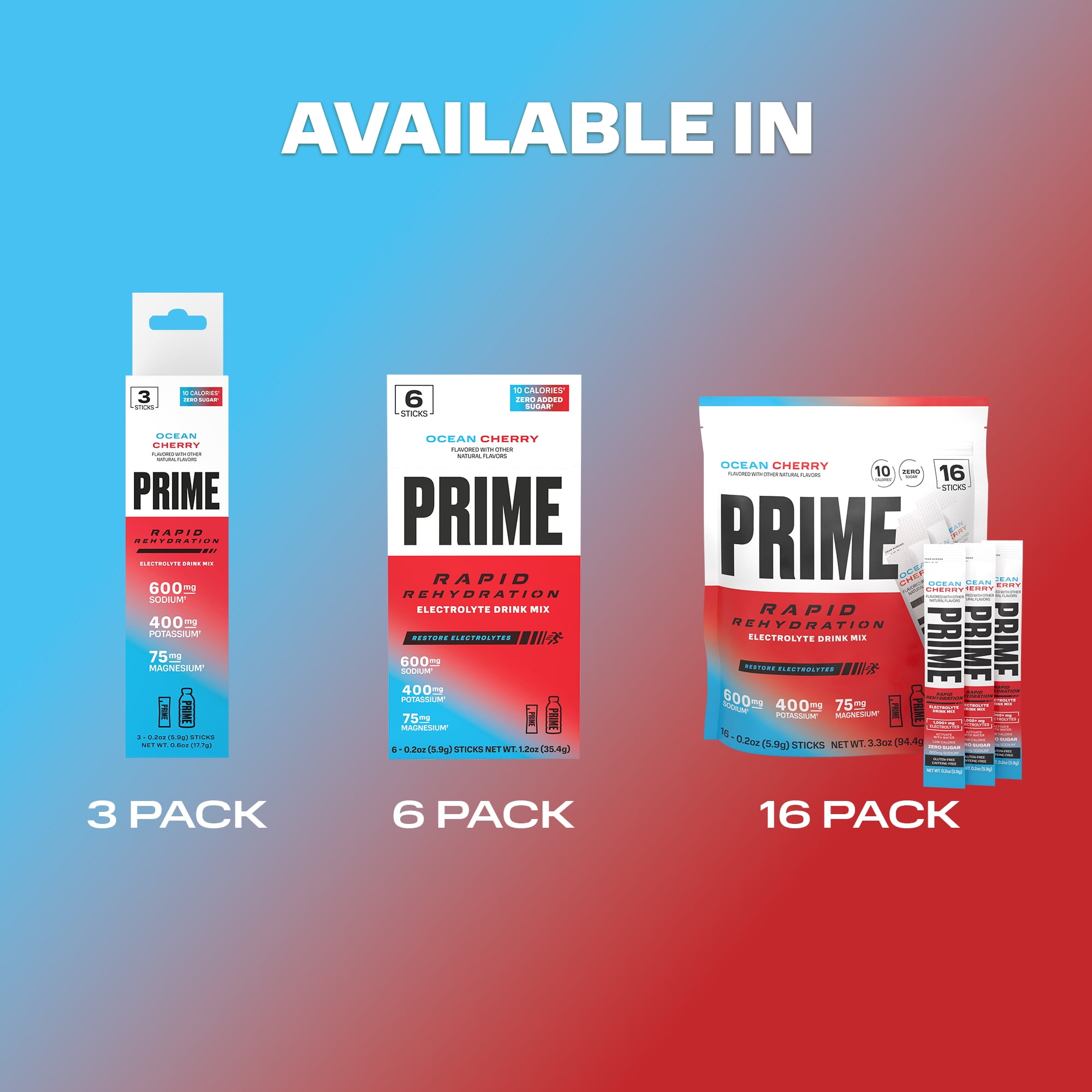 Prime Rapid Rehydration Sticks, Ocean Cherry, 16ct, Bag