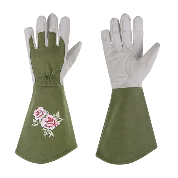 Guantes de jardinería para mujeres Uxcell a prueba de espinas, guantes de jardín de cuero extra largos y medianos para la poda de rosas, verdes