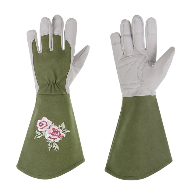 Guantes de jardinería para mujeres Uxcell a prueba de espinas, guantes de jardín de cuero extra largos y medianos para la poda de rosas, verdes